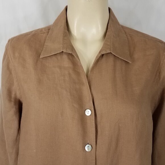 Orvis tan light brown 100% Linen button front shirt blouse ladies Large 14-16 - Picture 2 of 10